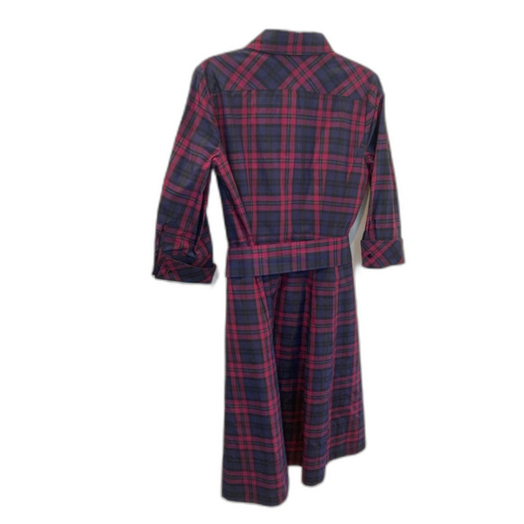 TALBOTS BURGUNDY PLAID SILK COTTON SHIRT DRESS FIT and FLARE 3/4 SLEEVES POCKETS - Picture 3 of 10